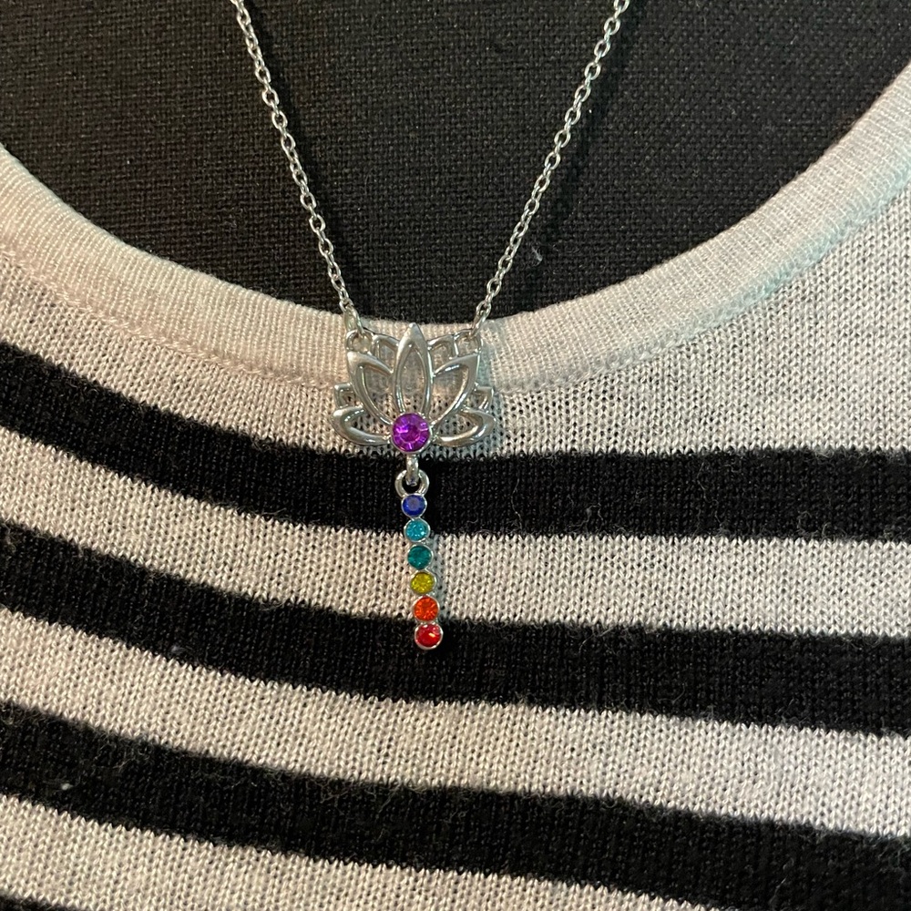 Elegant Silver Lotus Necklace with Multicolor Gemstones